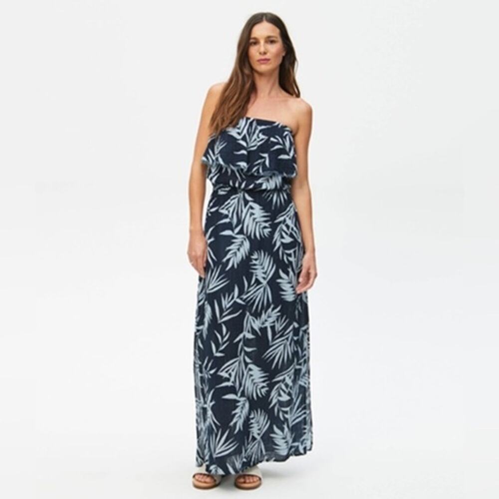 Michael Stars Blue Floral Cotton Gauze Tara Tube Popover Maxi Dress Small NEW